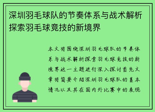 深圳羽毛球队的节奏体系与战术解析探索羽毛球竞技的新境界