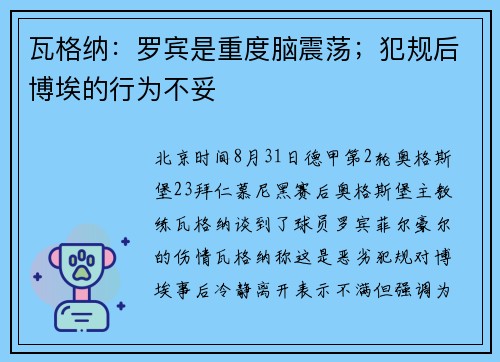 瓦格纳：罗宾是重度脑震荡；犯规后博埃的行为不妥